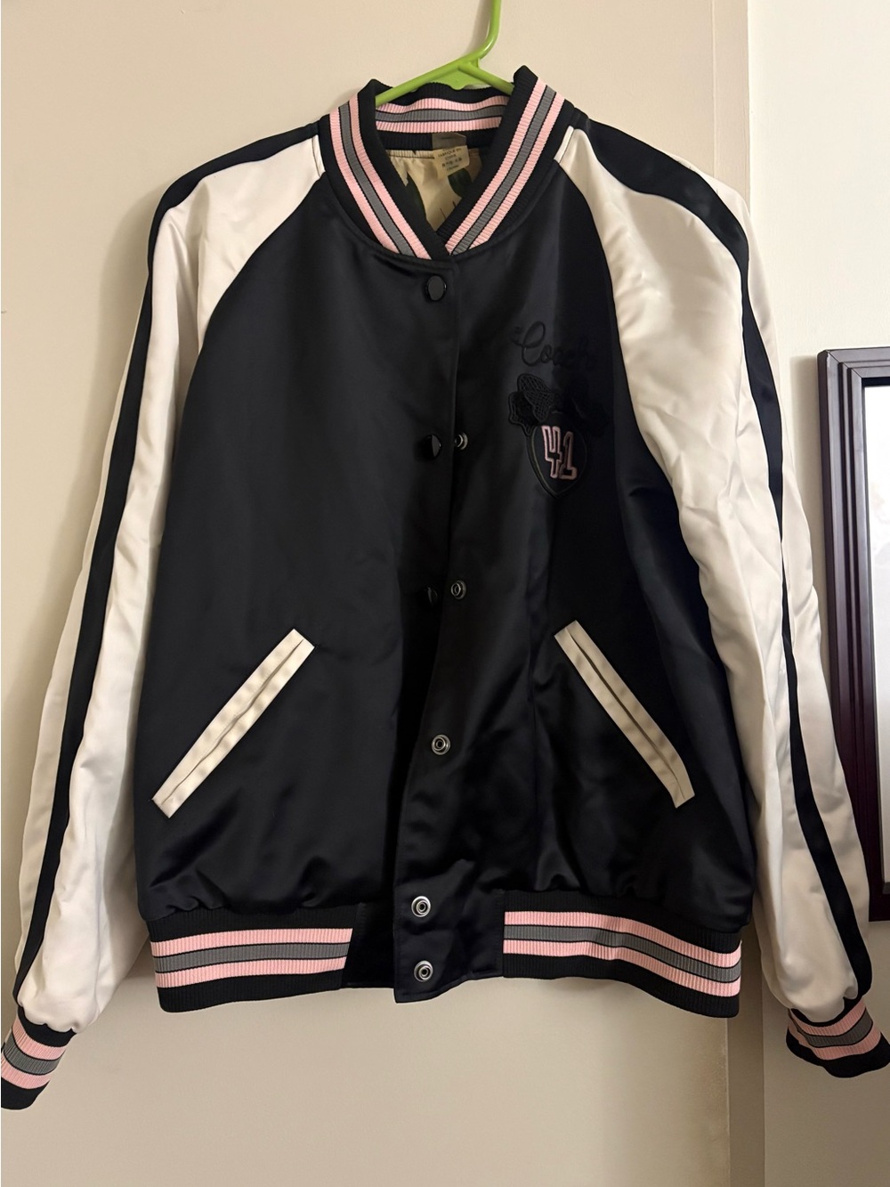 Coach Black and White Satin Varsity Jacket with Pink Trim